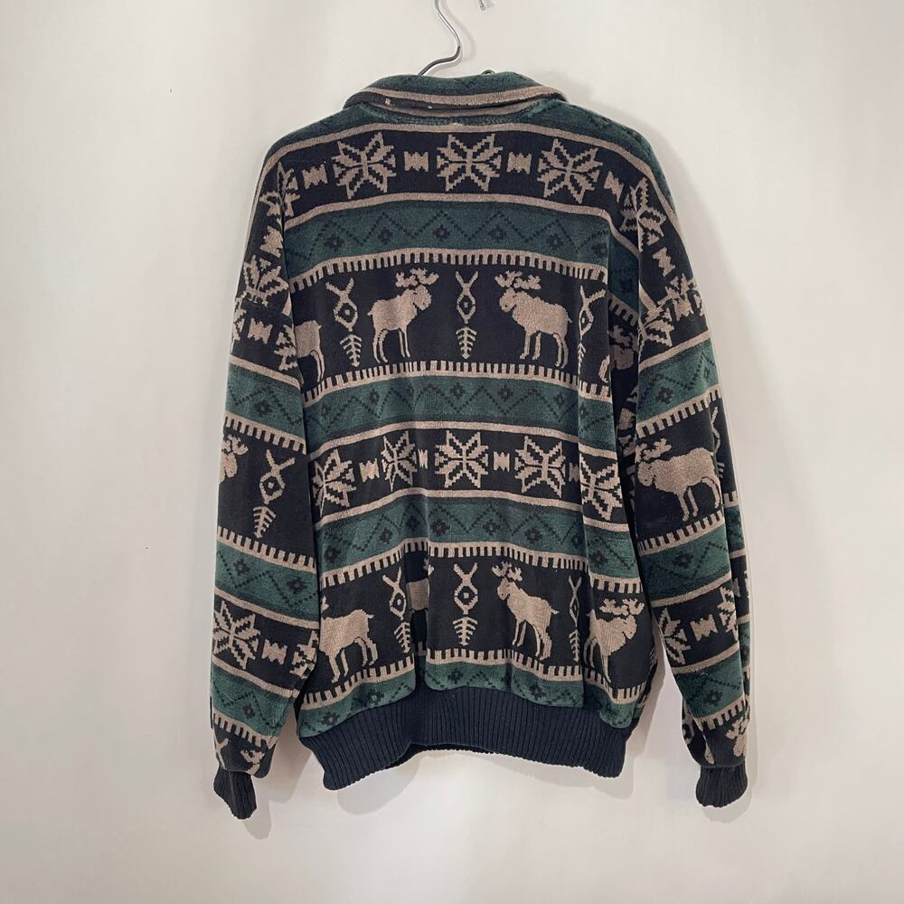 Norm Thompson Velour Pullover Moose Fair Isle 1/2 Zip Sweatshirt Shacket Large - Picture 3 of 12